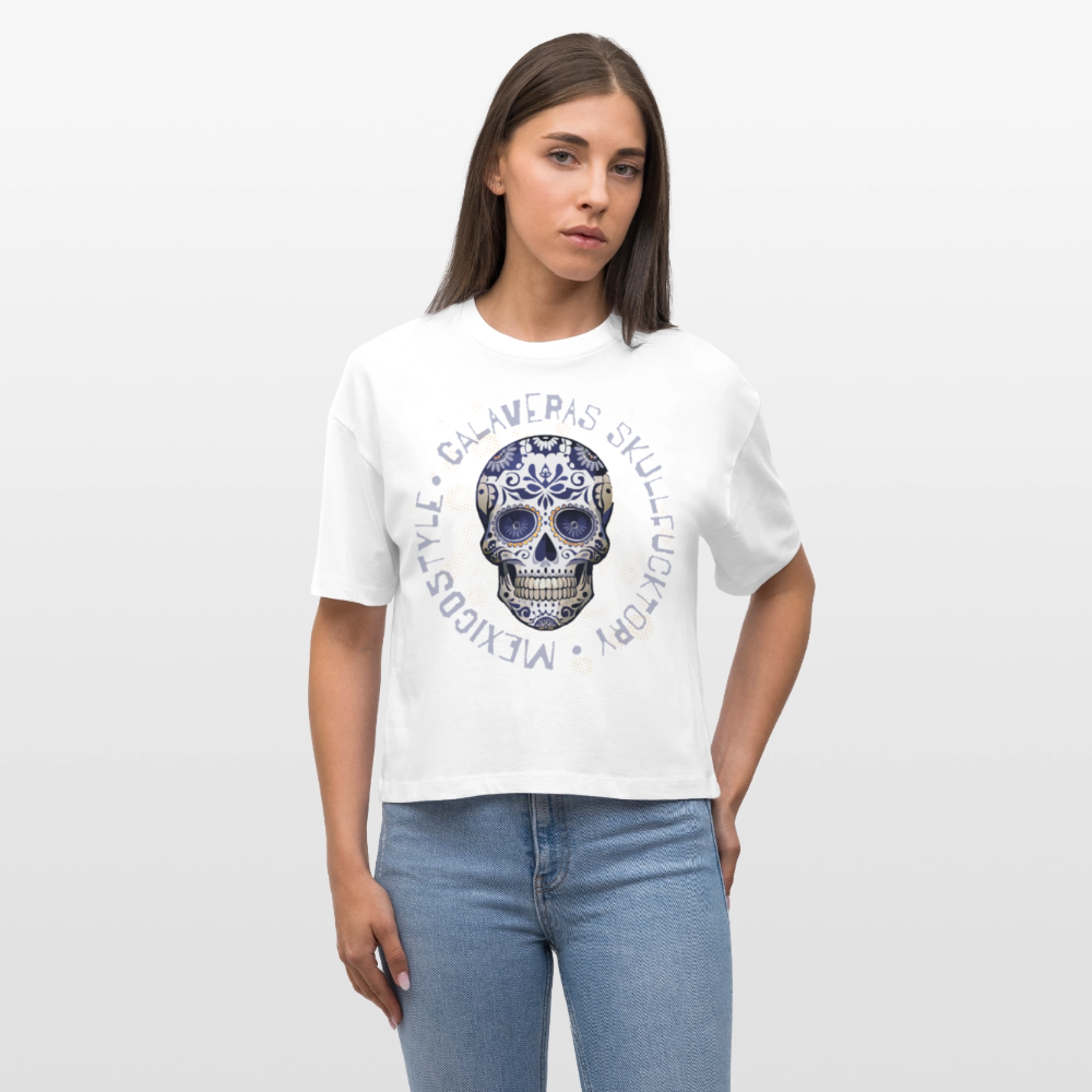Frauen Boxy Bio-T-Shirt mit CALAVERAS SKULL PRINT - Weiß