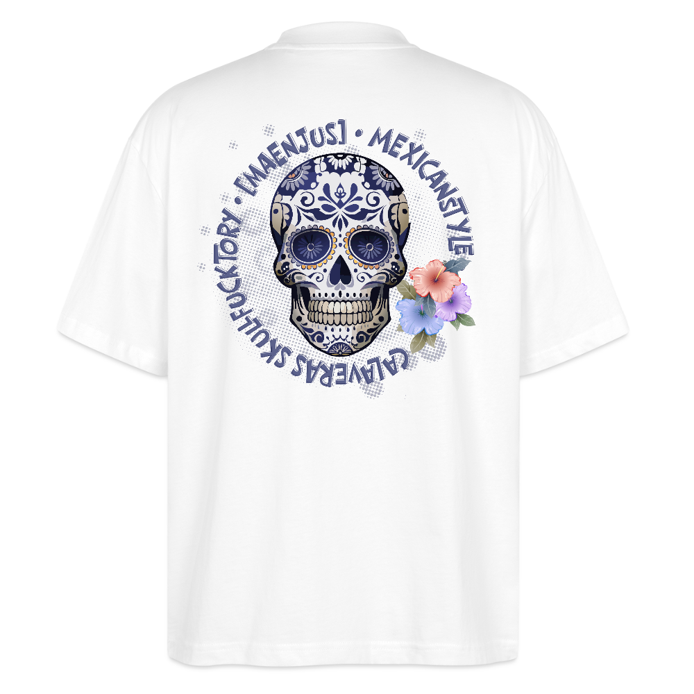 Oversized Unisex T-Shirt mit MAENJUS MEXICANSTYLE PRINT Vorder- und Rückseite - Weiß