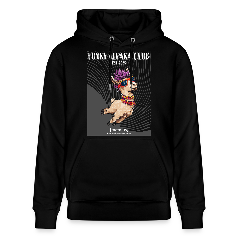 Unisex Bio-Hoodie mit FUNKY ALPAKA CLUB PRINT Vorderseite - Schwarz