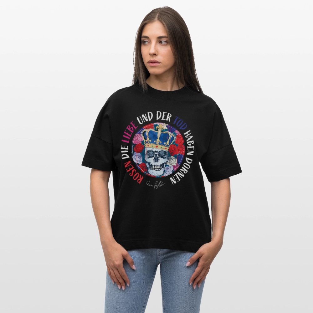 Oversized Unisex T-Shirt mit ROSEN DIE LIEBE UND DER TOD HABEN DORNEN PRINT - Schwarz