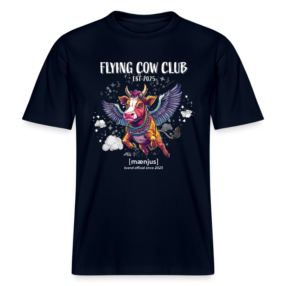 Unisex Bio-T-Shirt mit FLYING COW CLUB PRINT Vorderseite - Navy