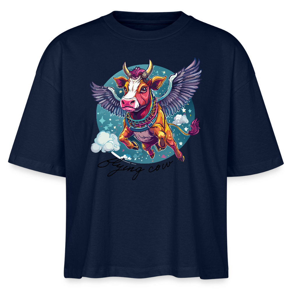 Frauen Boxy Bio-T-Shirt mit FLYING COW PRINT - Navy