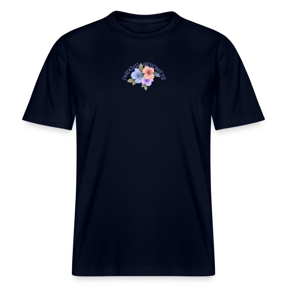 Relaxed Fit Unisex Bio-T-Shirt mit MAENJUS MEXICANSTYLE PRINT Vorder- und Rückseite - Navy