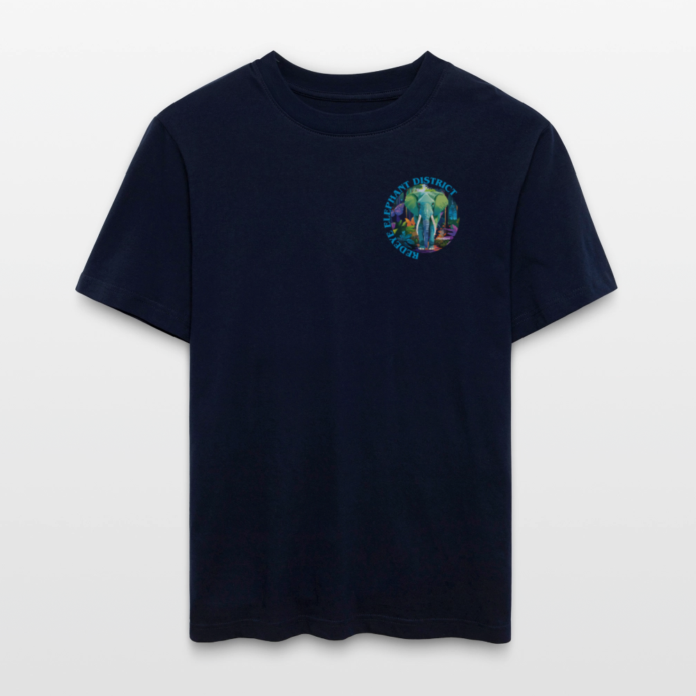 Relaxed Fit Unisex Bio-T-Shirt mit REDEYE ELEPHANT DISTRICT PRINT Vorder- und Rückseite - Navy