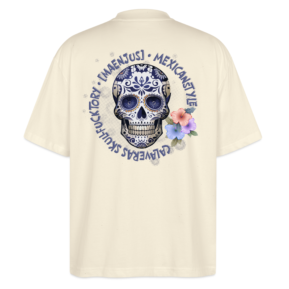 Oversized Unisex T-Shirt mit MAENJUS MEXICANSTYLE PRINT Vorder- und Rückseite - Weißgrau