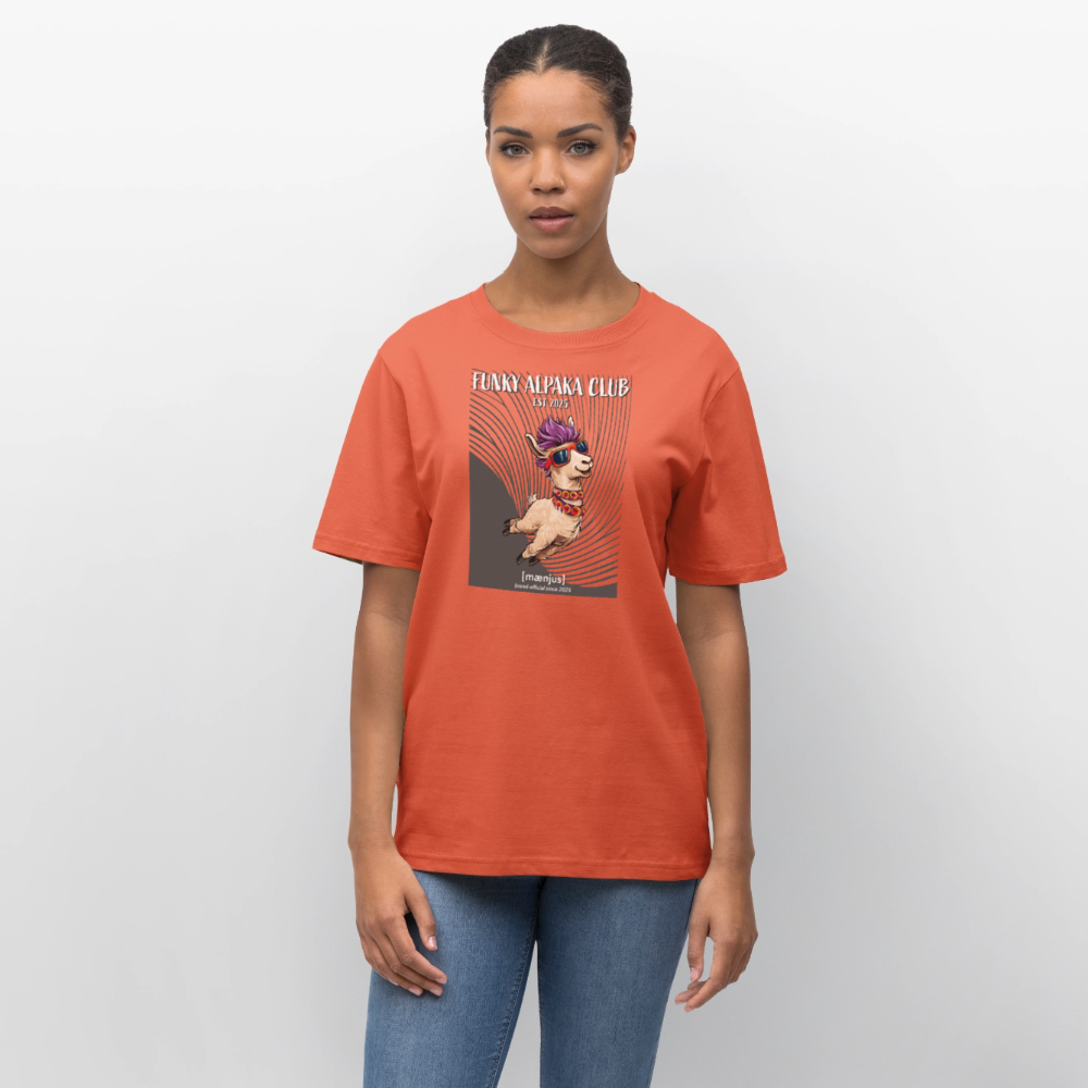 Unisex Bio-T-Shirt mit FUNKY ALPAKA CLUB PRINT Vorderseite - Hellrot
