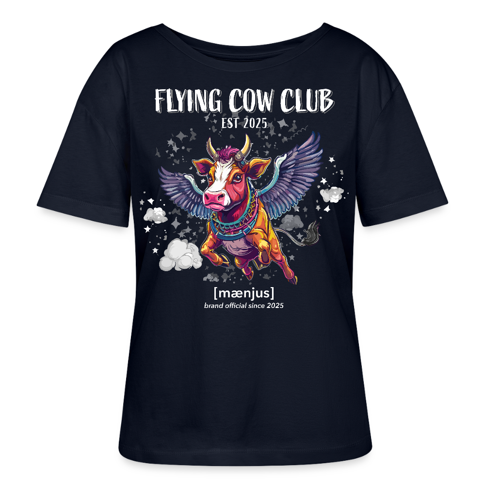 Relaxed Rundhals Frauen Bio-T-Shirt mit FLYING COW CLUB PRINT - Navy