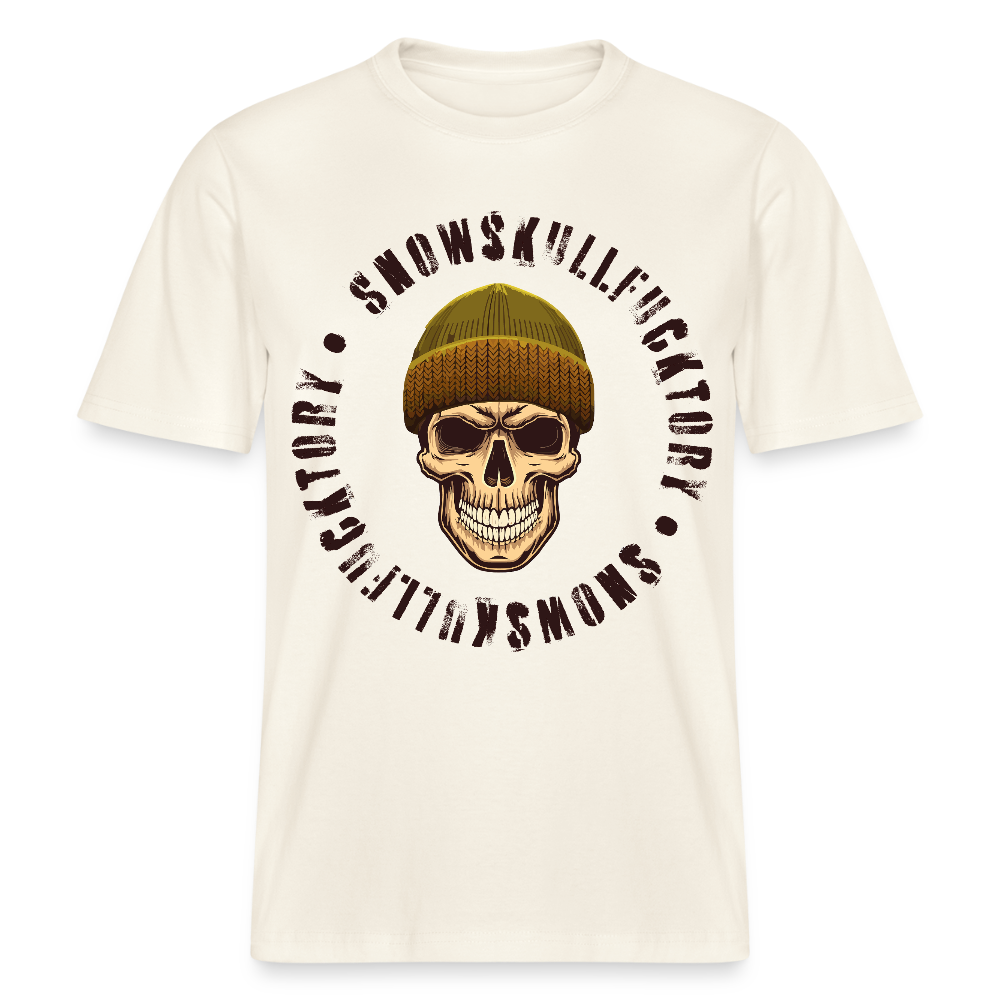 Relaxed Fit Unisex Bio-T-Shirt mit SNOWSKULL FUCKTORY PRINT Vorderseite - Naturweiß