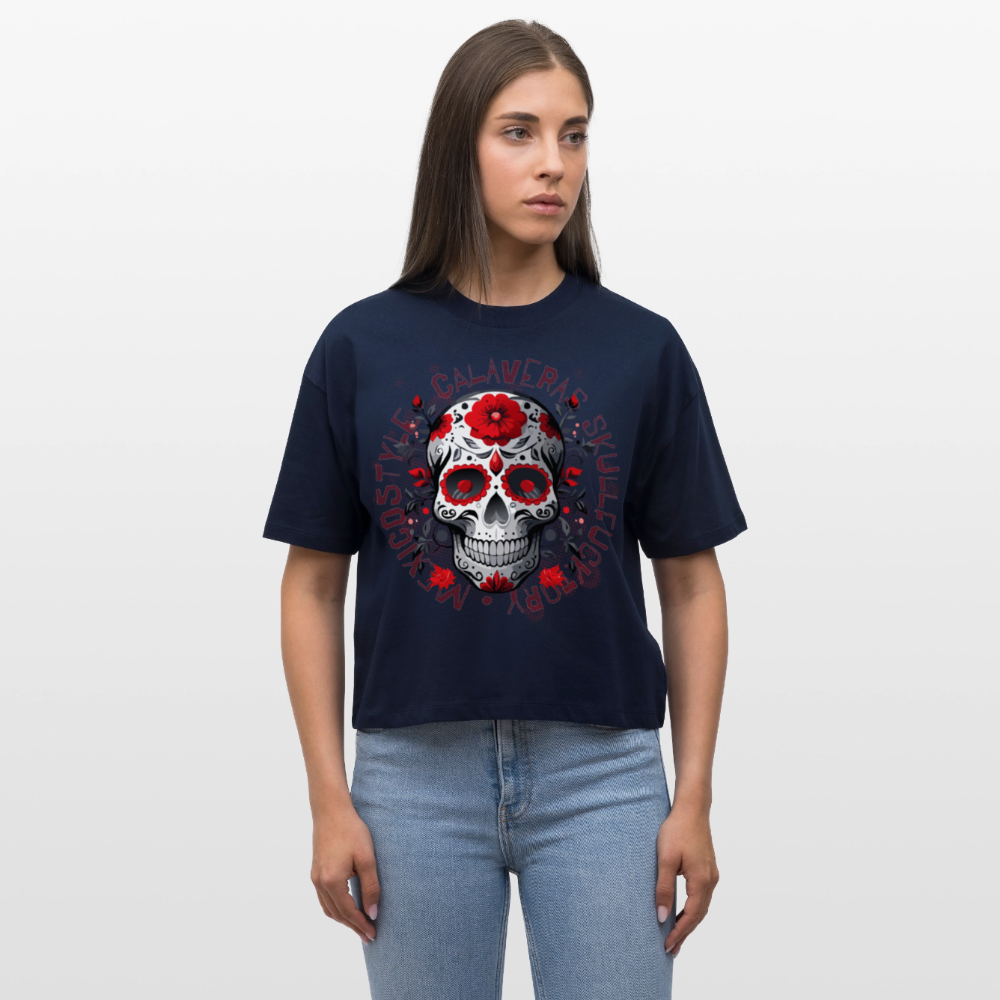 Frauen Boxy Bio-T-Shirt mit CALAVERAS SKULL PRINT - Navy