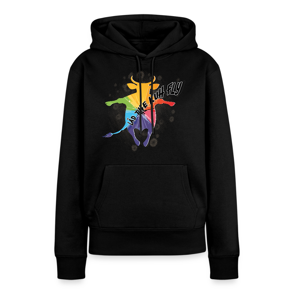 Frauen Premium Hoodie mit LÄD THE KUH FLY PRINT - Schwarz