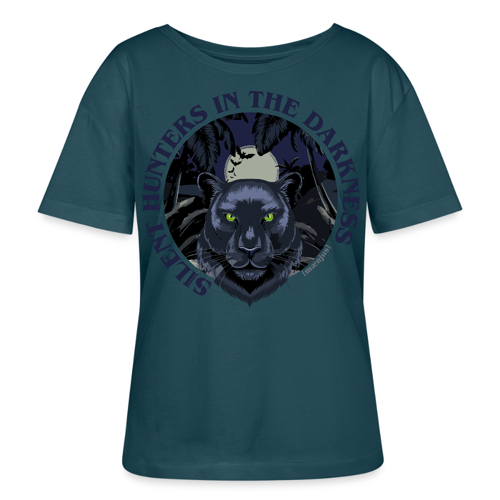 Relaxed Rundhals Frauen Bio-T-Shirt mit SILENT HUNTERS IN THE DARKNESS PRINT Vorderseite - Dunkles Petrol