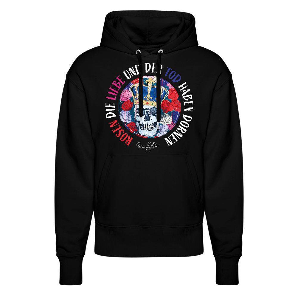 Unisex Relaxed Fit Bio-Hoodie mit ROSEN DIE LIEBE UND DER TOD HABEN DORNEN PRINT - Schwarz