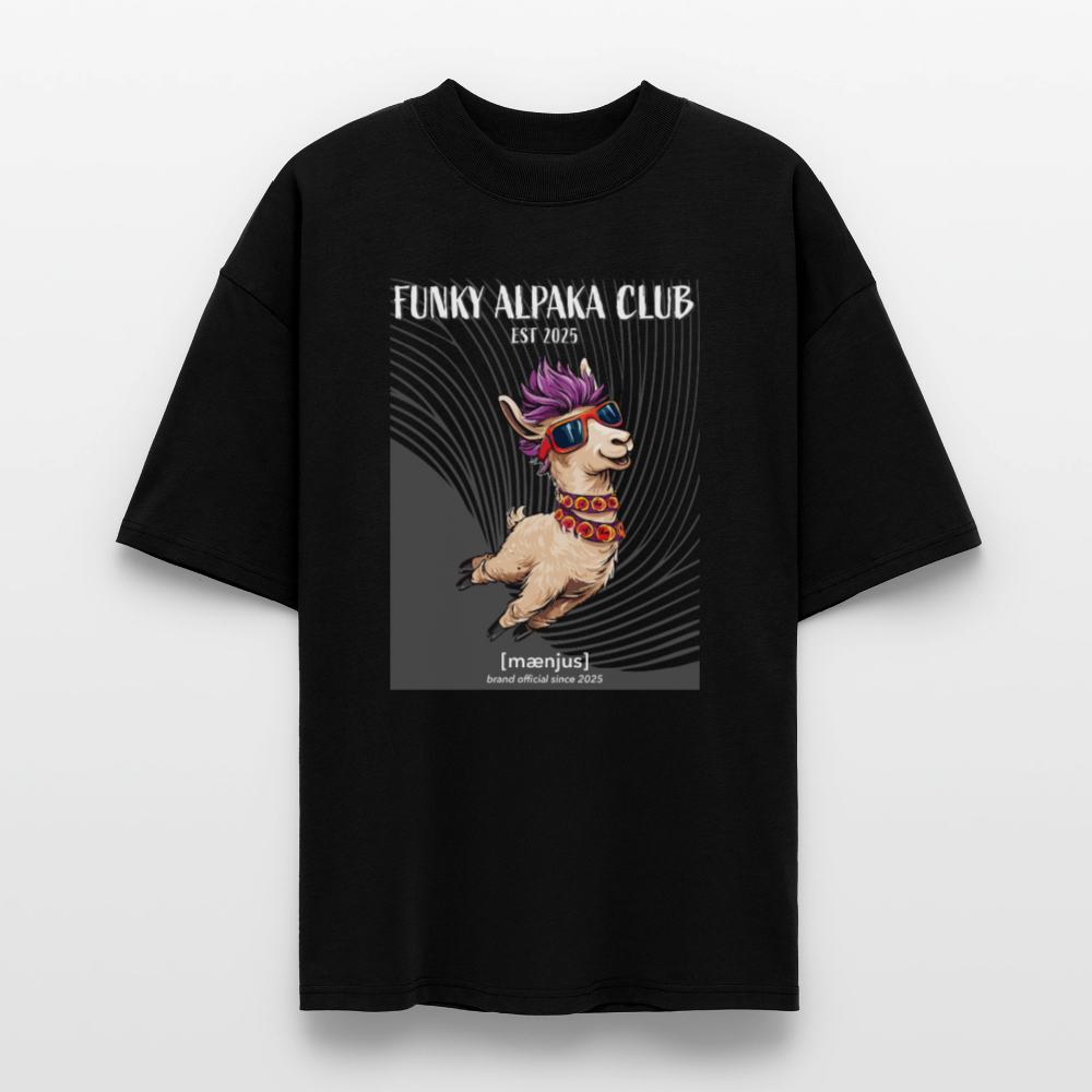 Oversized Unisex Bio T-Shirt mit FUNKY ALPAKA CLUB PRINT Vorderseite - Schwarz