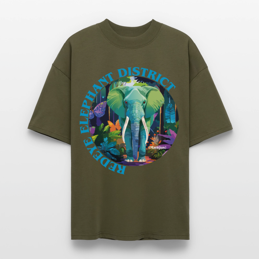 Oversized Unisex T-Shirt mit REDEYE ELEPHANT DISTRICT PRINT Vorderseite - Khaki