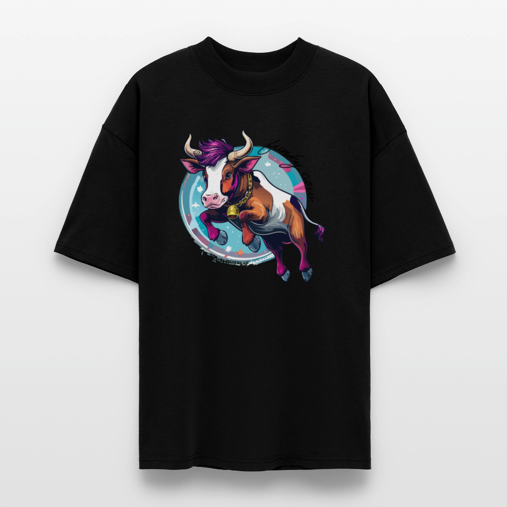 Oversized Unisex T-Shirt mit FUNKY COW PRINT - Schwarz