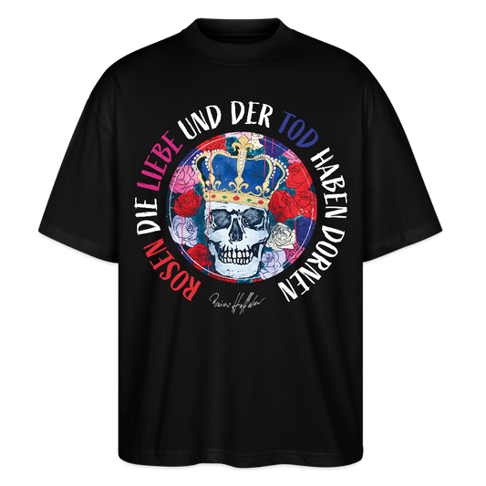 Oversized Unisex T-Shirt mit ROSEN DIE LIEBE UND DER TOD HABEN DORNEN PRINT - Schwarz