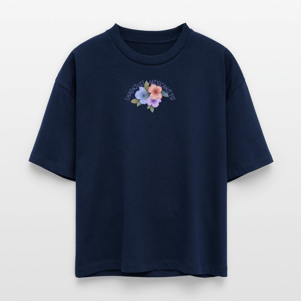 Frauen Boxy Bio-T-Shirt mit MAENJUS MEXICANSTYLE PRINT Vorder- und Rückseite - Navy