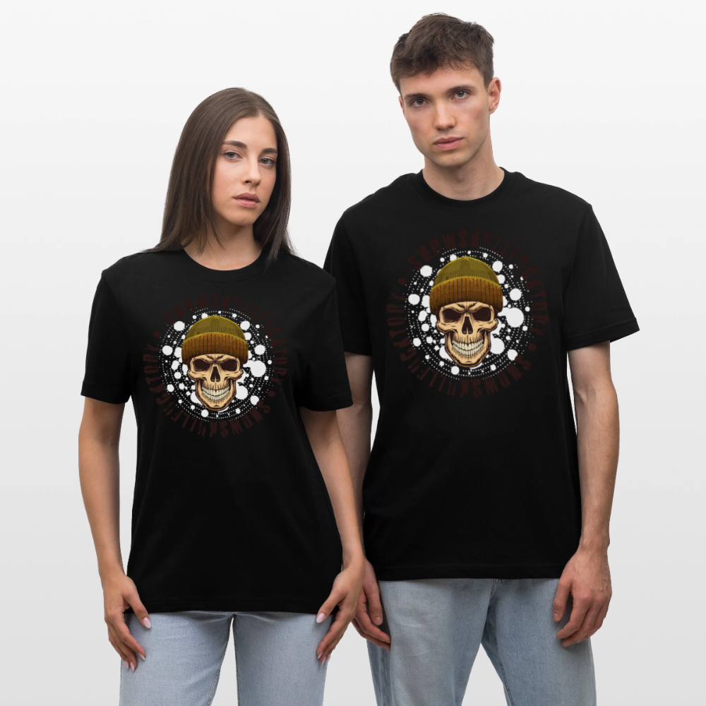 Relaxed Fit Unisex Bio-T-Shirt mit SNOWSKULL FUCKTORY PRINT Vorderseite - Schwarz
