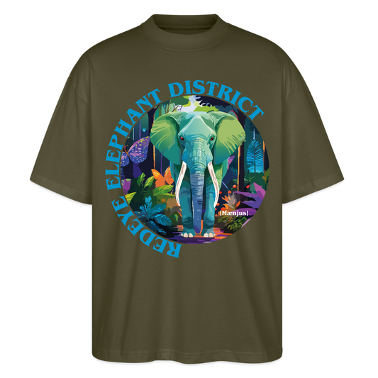 Oversized Unisex T-Shirt mit REDEYE ELEPHANT DISTRICT PRINT Vorderseite - Khaki