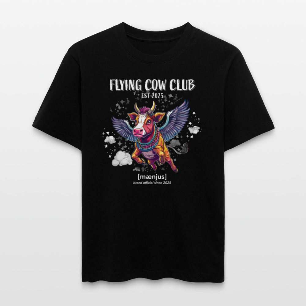 Unisex Bio-T-Shirt mit FLYING COW CLUB PRINT Vorderseite - Schwarz