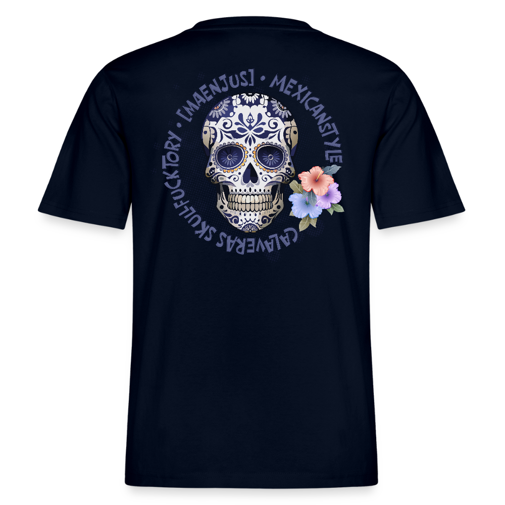 Relaxed Fit Unisex Bio-T-Shirt mit MAENJUS MEXICANSTYLE PRINT Vorder- und Rückseite - Navy