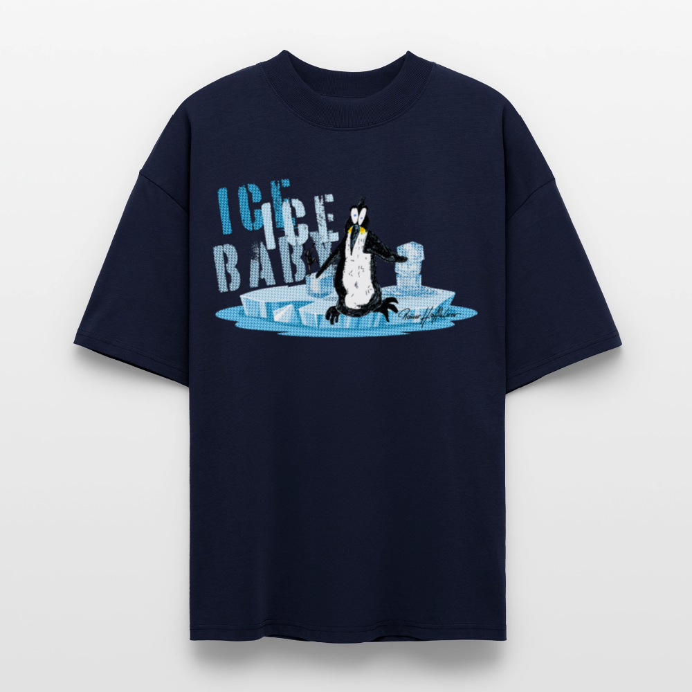 Oversized Unisex Bio T-Shirt mit ICE ICE BABY PINGUIN PRINT - Navy