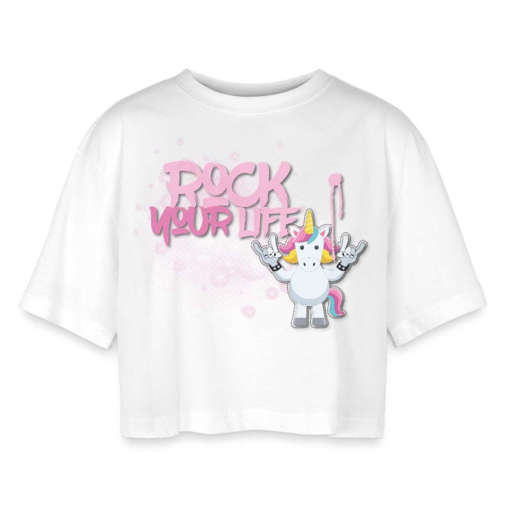 Frauen Oversized Cropped T-Shirt mit ROCK YOUR LIFE PRINT - Weiß