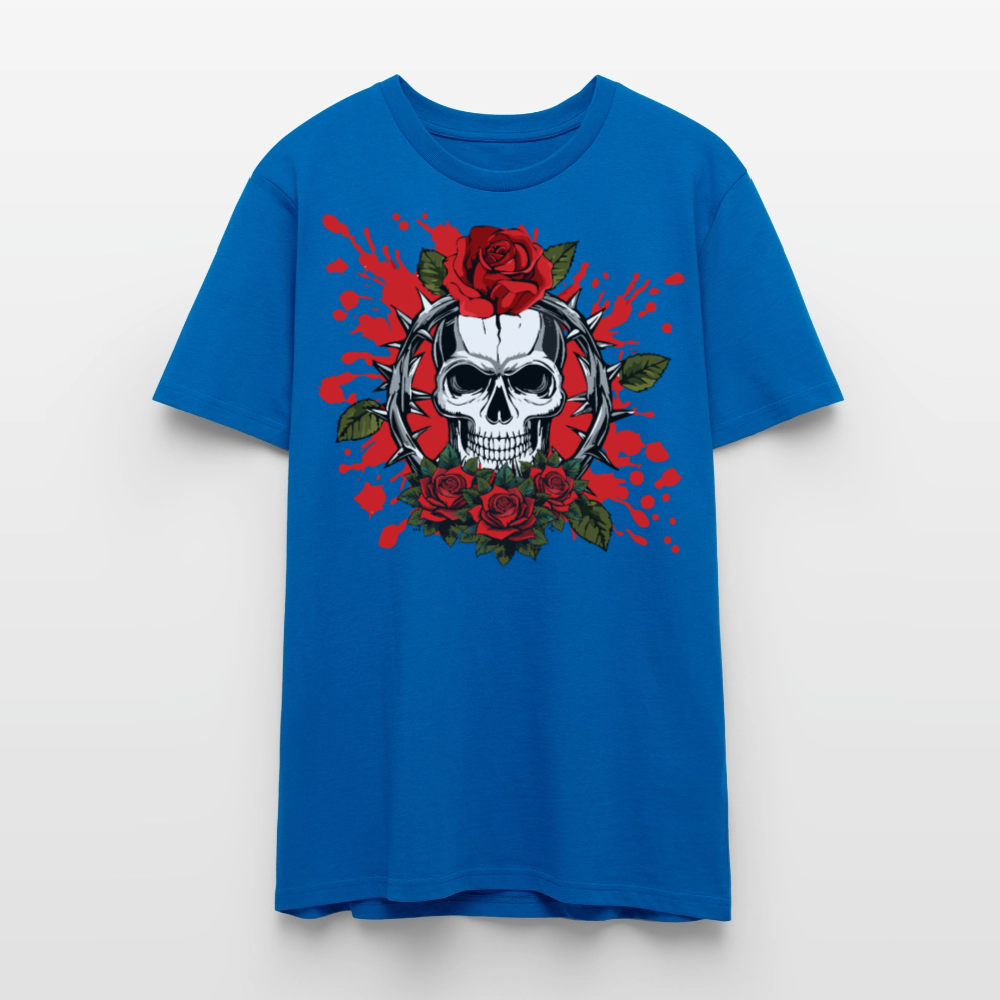 Unisex T-Shirt mit ROSEN SKULL PRINT Vorderseite - Pfauenblau