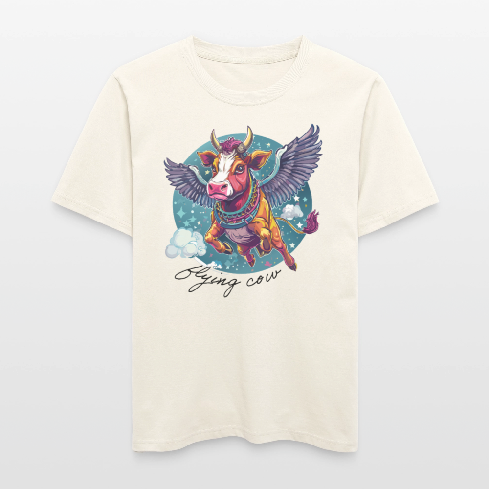 Relaxed Fit Unisex Bio-T-Shirt mit FLYING COW PRINT Vorderseite - Naturweiß