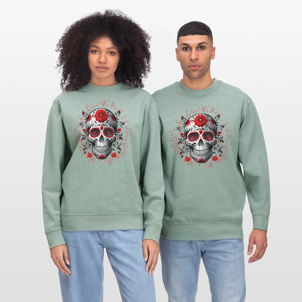 Unisex Bio-Sweatshirt mit CALAVERAS SKULL PRINT - Helles Graugrün