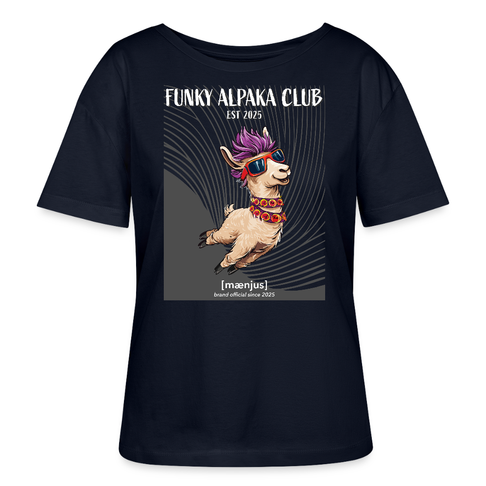 Relaxed Rundhals Frauen Bio-T-Shirt mit FUNKY ALPAKA CLUB PRINT - Navy