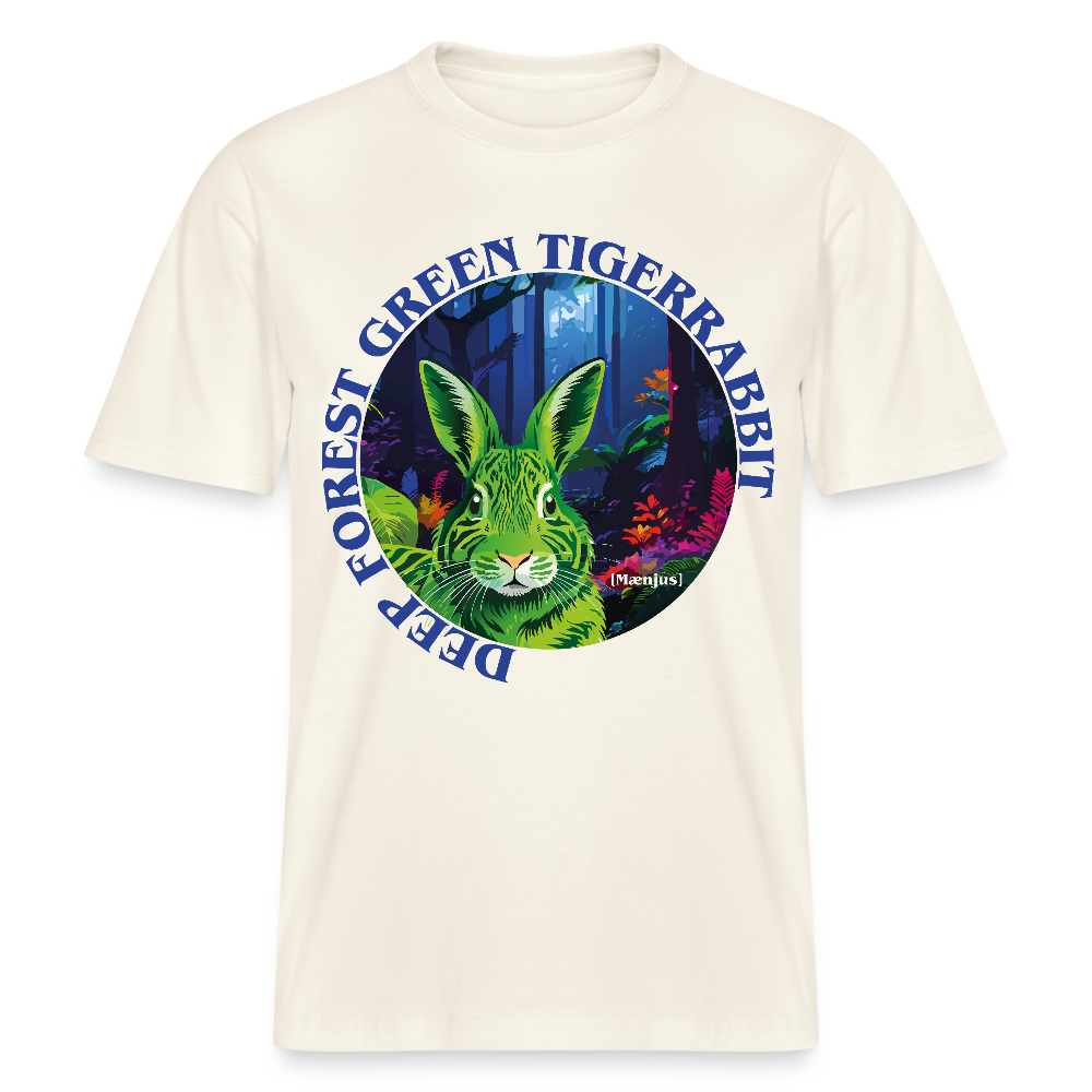 Relaxed Fit Unisex Bio-T-Shirt mit DEEP FOREST GREEN TIGERRABBIT PRINT Vorderseite - Naturweiß