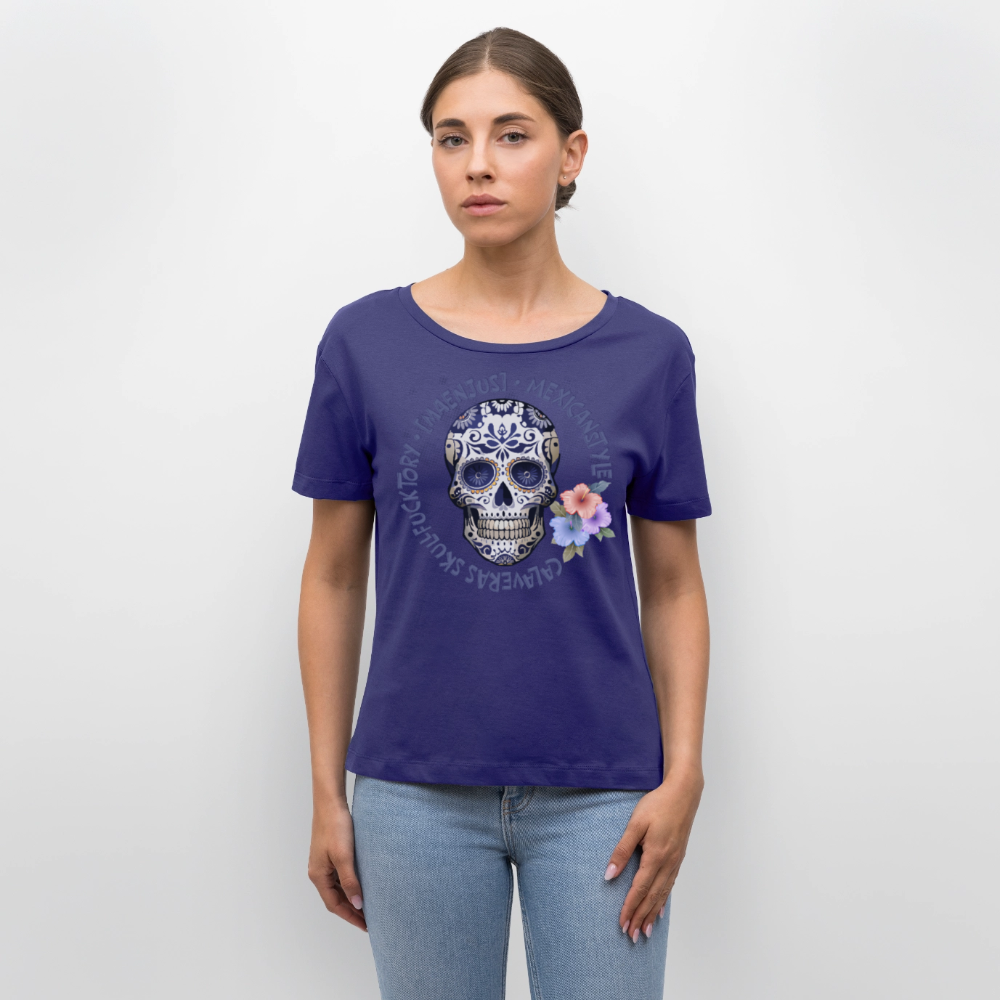 Rundhals Frauen Bio-T-Shirt mit MAENJUS MEXICANSTYLE PRINT Vorderseite - Dämmerung