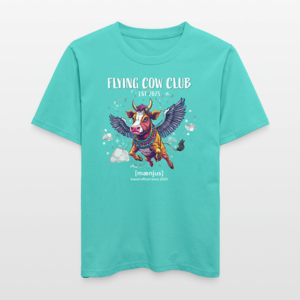 Unisex Bio-T-Shirt mit FLYING COW CLUB PRINT Vorderseite - Poolblau