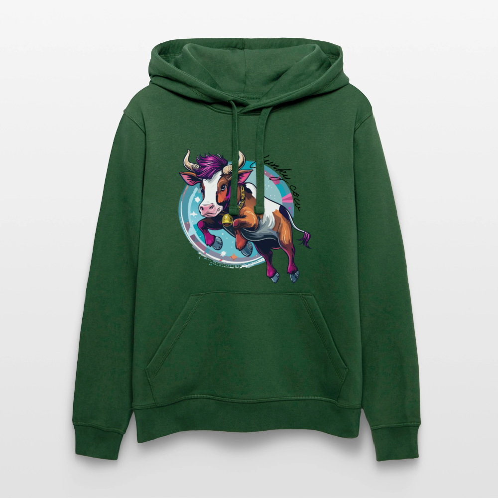 Unisex Bio-Hoodie mit FUNKY COW PRINT Vorderseite - Flaschengrün