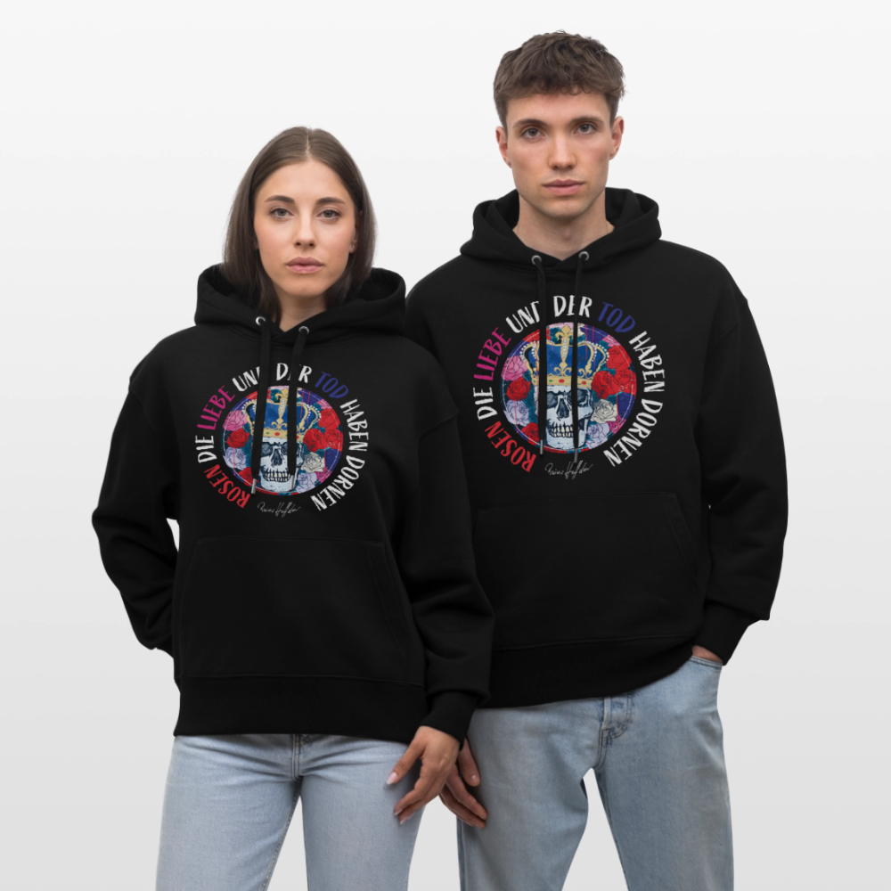 Unisex Relaxed Fit Bio-Hoodie mit ROSEN DIE LIEBE UND DER TOD HABEN DORNEN PRINT - Schwarz