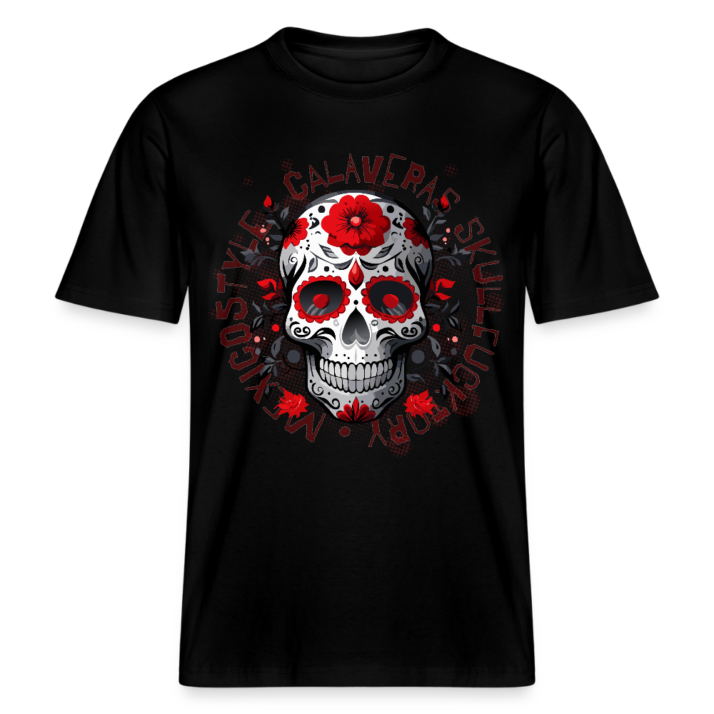 Relaxed Fit Unisex Bio-T-Shirt mit CALAVERS ROSEN PRINT Vorderseite - Schwarz
