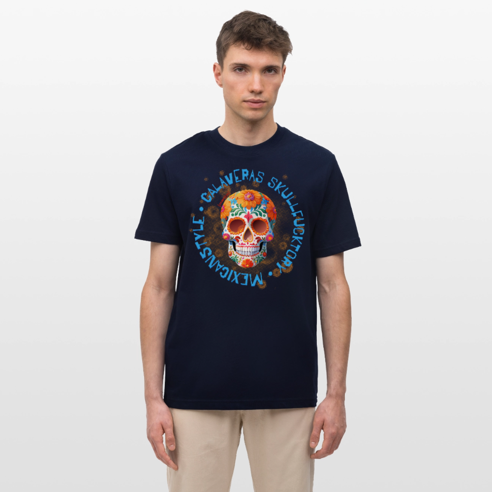 Relaxed Fit Unisex Bio-T-Shirt mit CALAVERAS MEXICANSTYLE PRINT Vorderseite - Navy