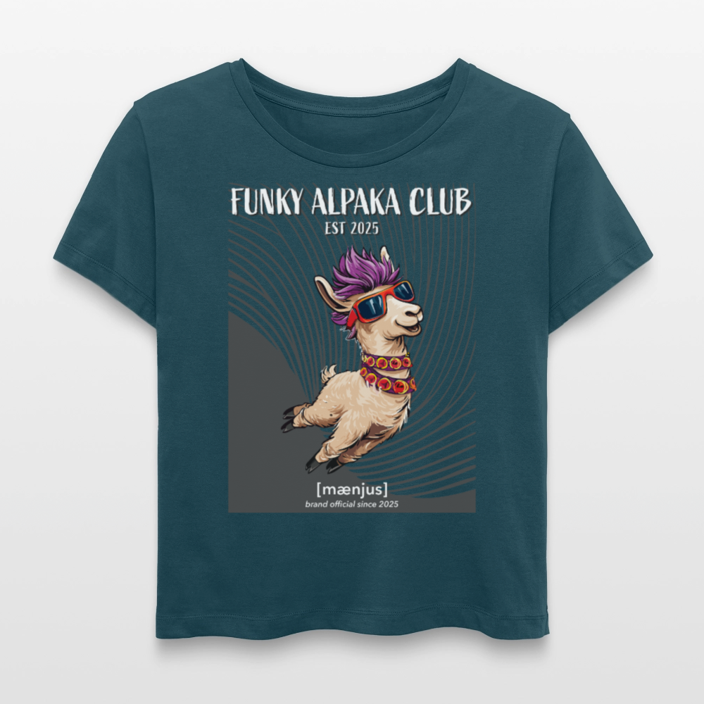 Relaxed Rundhals Frauen Bio-T-Shirt mit FUNKY ALPAKA CLUB PRINT - Dunkles Petrol