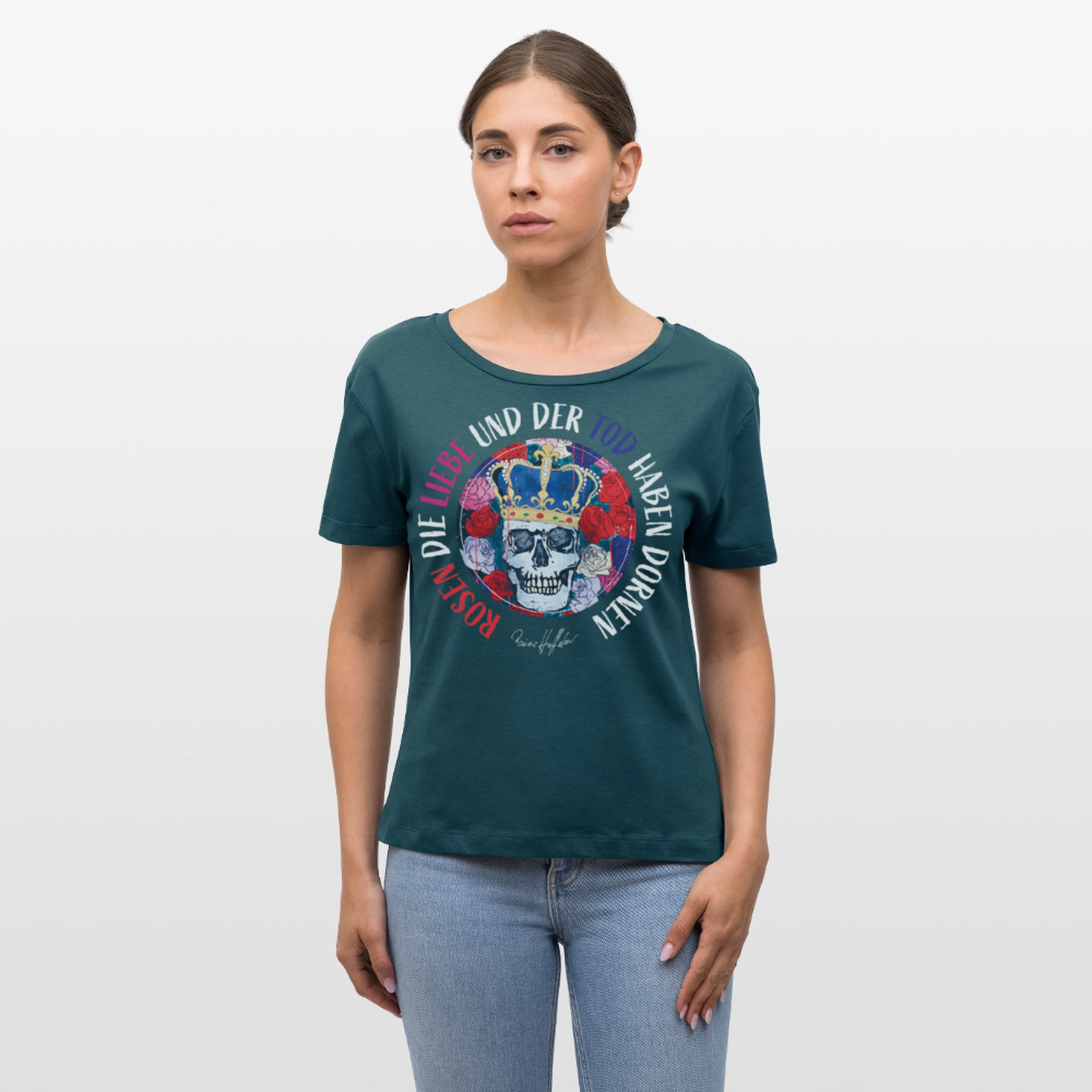 Frauen T-Shirt mit ROSEN DIE LIEBE UND DER TOD HABEN DORNEN PRINT - Dunkles Petrol
