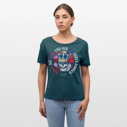Frauen T-Shirt mit ROSEN DIE LIEBE UND DER TOD HABEN DORNEN PRINT - Dunkles Petrol