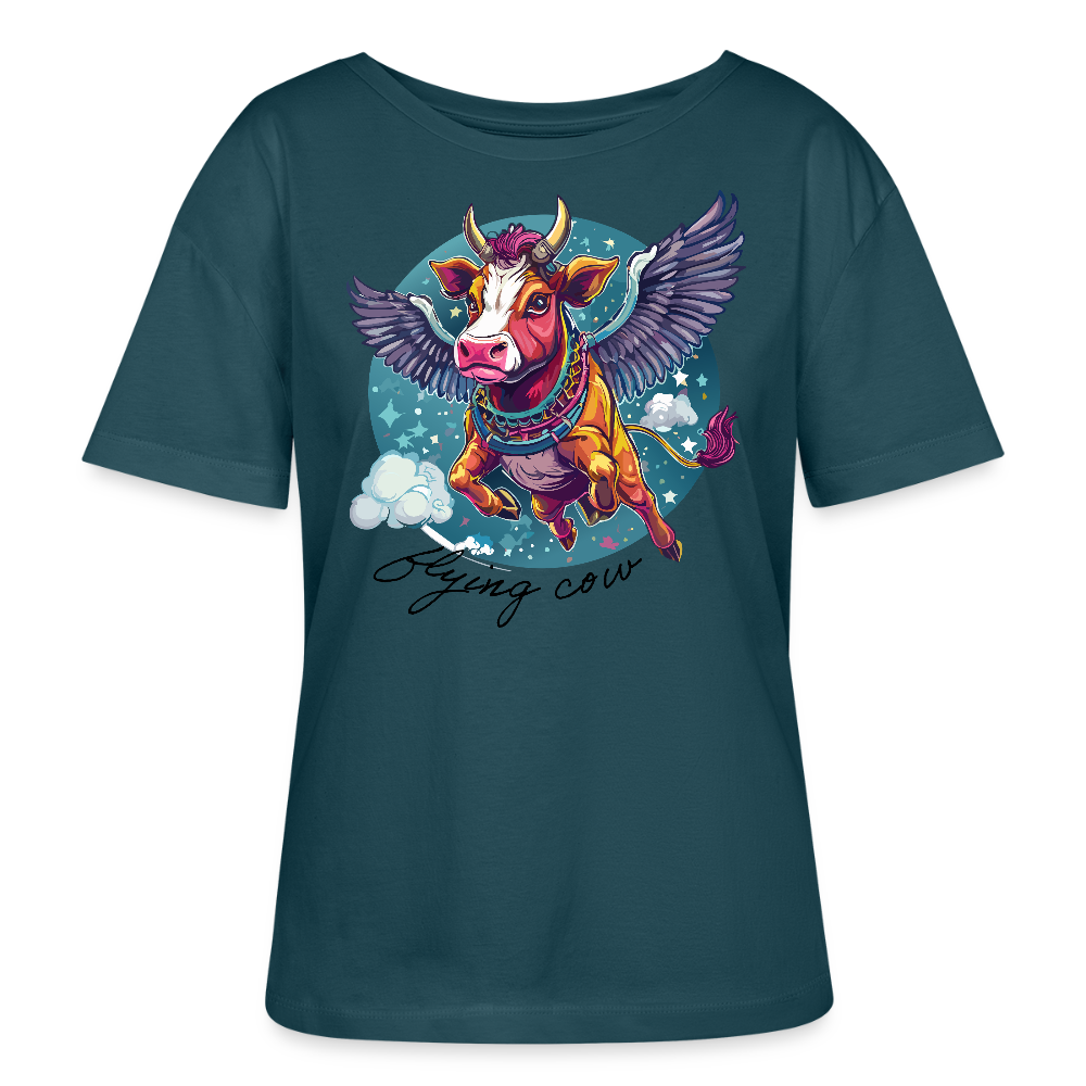 Frauen T-Shirt mit FLYING COW PRINT - Dunkles Petrol