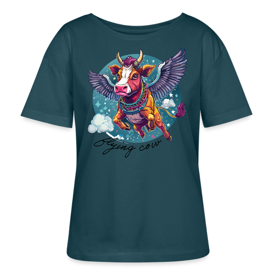 Frauen T-Shirt mit FLYING COW PRINT - Dunkles Petrol
