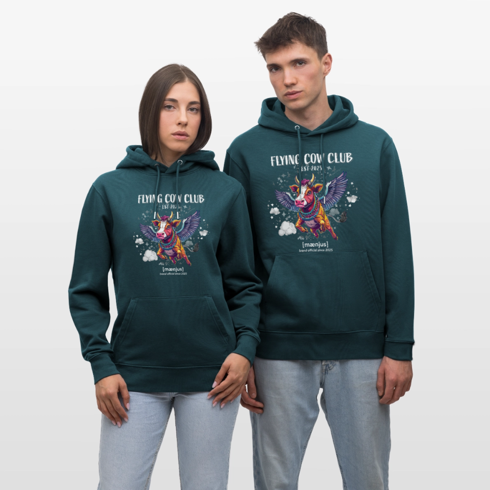 Unisex Bio-Hoodie mit FLYING COW CLUB PRINT Vorderseite - Dunkles Petrol