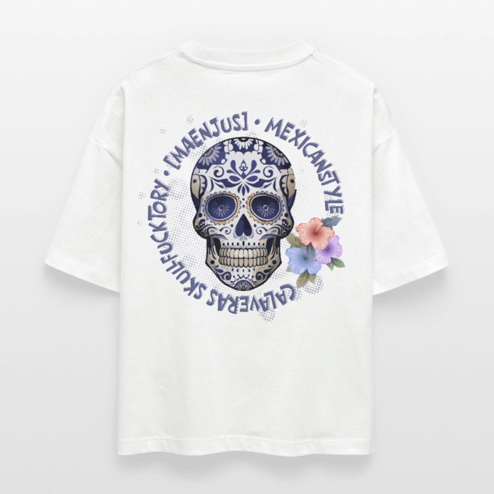 Frauen Boxy Bio-T-Shirt mit MAENJUS MEXICANSTYLE PRINT Vorder- und Rückseite - Weiß