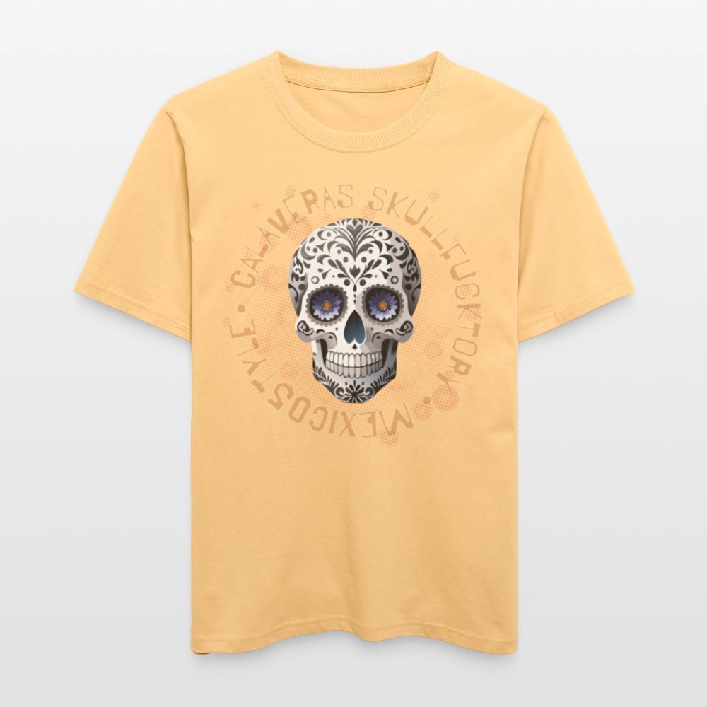 Relaxed Fit Unisex Bio-T-Shirt mit CALAVERAS SKULL PRINT Vorderseite - Hellgelb