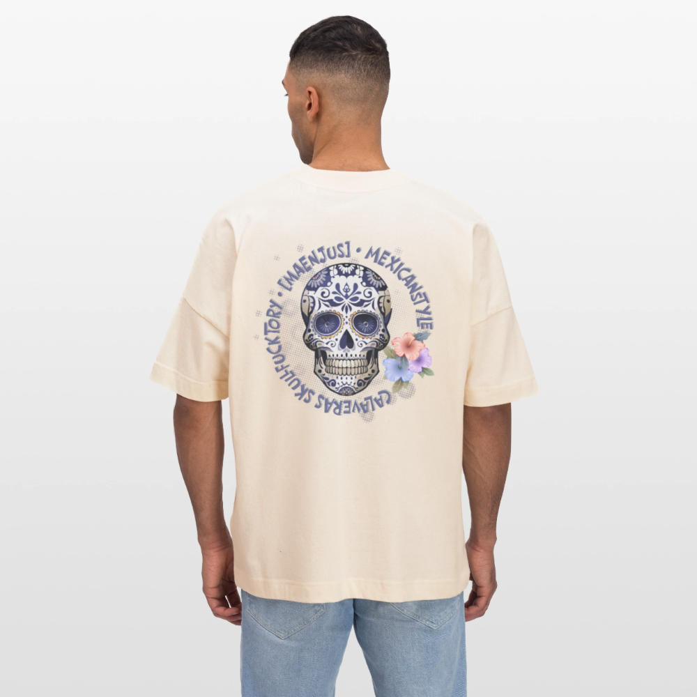 Oversized Unisex T-Shirt mit MAENJUS MEXICANSTYLE PRINT Vorder- und Rückseite - Weißgrau