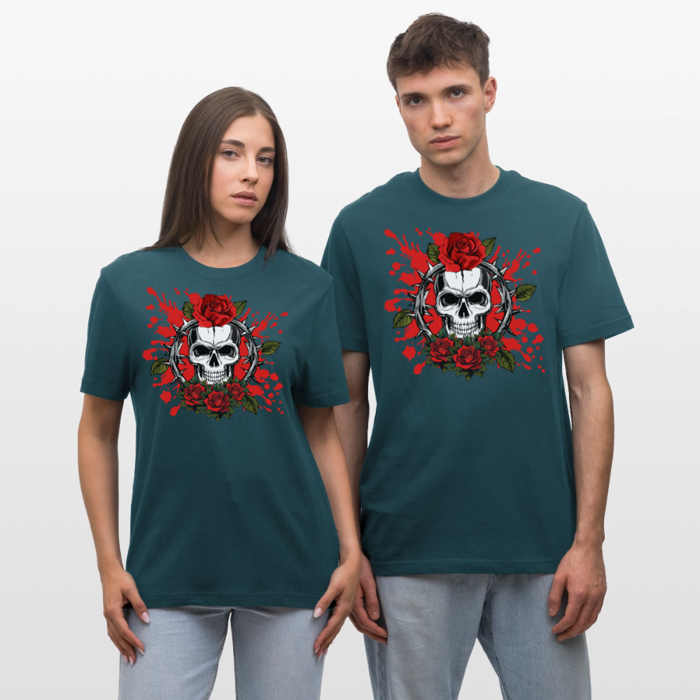 Relaxed Fit Unisex Bio-T-Shirt mit  ROSEN SKULL PRINT Vorderseite - Dunkles Petrol