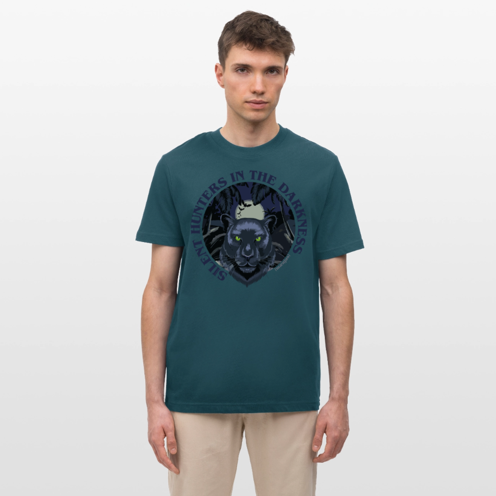 Relaxed Fit Unisex Bio-T-Shirt mit SILENT HUNTERS IN THE DARKNESS PRINT Vorderseite - Dunkles Petrol