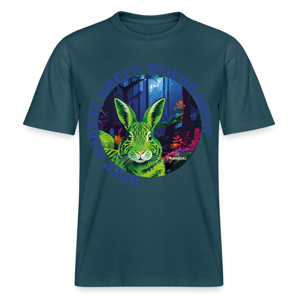 Relaxed Fit Unisex Bio-T-Shirt mit DEEP FOREST GREEN TIGERRABBIT PRINT Vorderseite - Dunkles Petrol